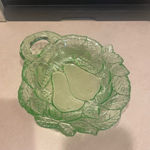 Vintage pear glass handle dish. Uranium green glass.